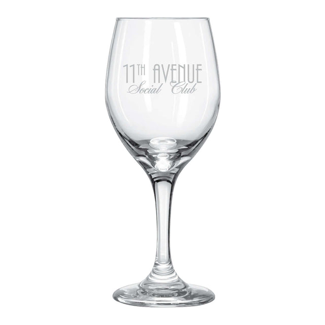 Custom engraved 14 oz Libbey Perception Tall Goblet Wine Glass for upscale beverage service.