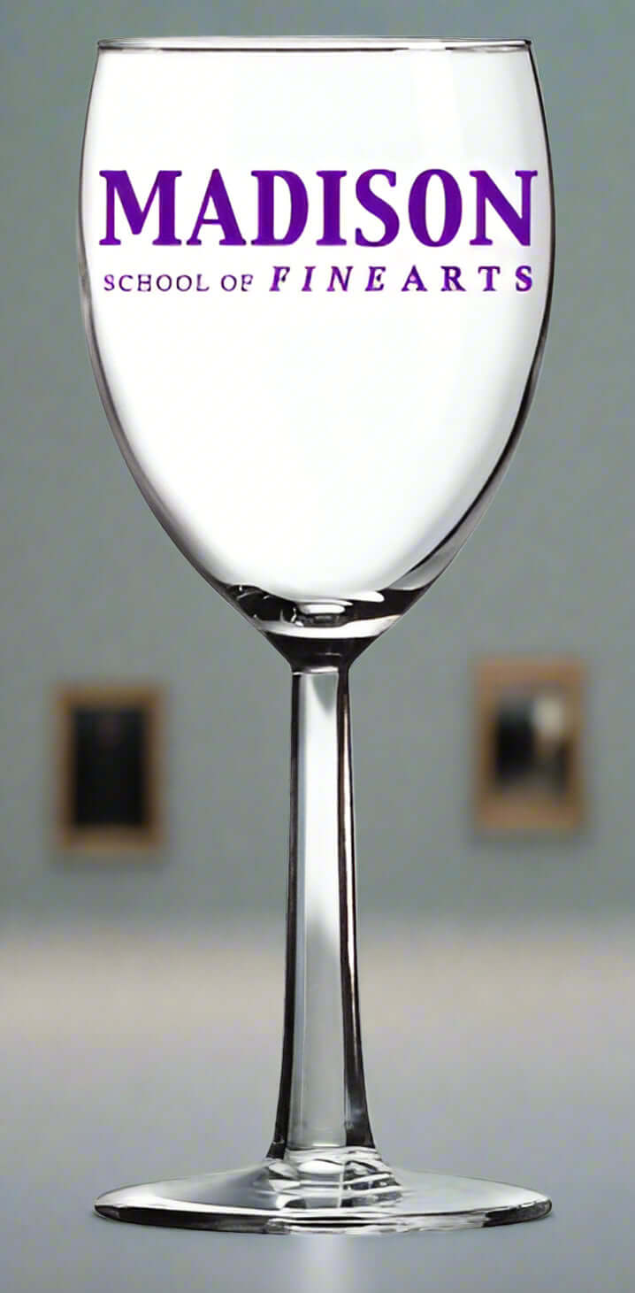 Custom Arc Grand Noblesse Wine Glass featuring Madison School of Fine Arts logo in vibrant purple print.