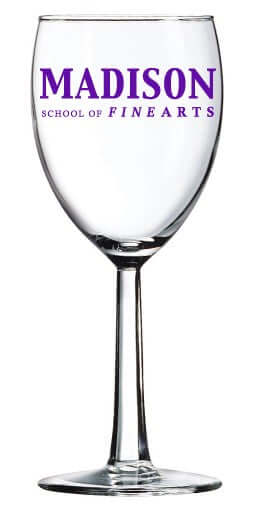 Custom Arc 8.5 oz Grand Noblesse Wine Glass featuring Madison School of Fine Arts logo in purple.