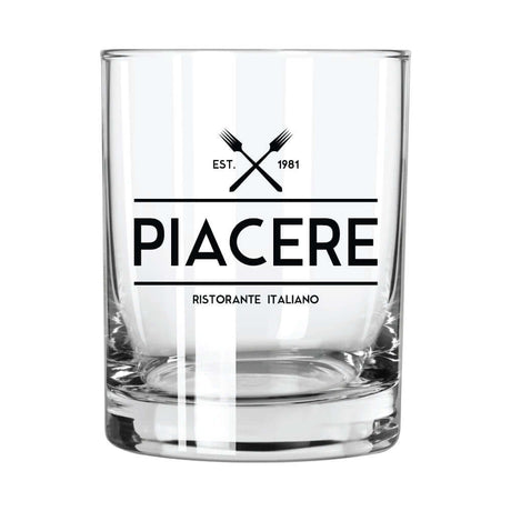Custom 13.75 oz. double old fashioned rocks glass with logo for Piacere Ristorante Italiano, perfect for branding.