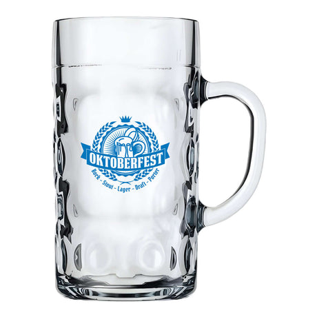 Custom 1L Libbey Oktoberfest Stein with blue logo, perfect for festive beer gatherings and promotional events.