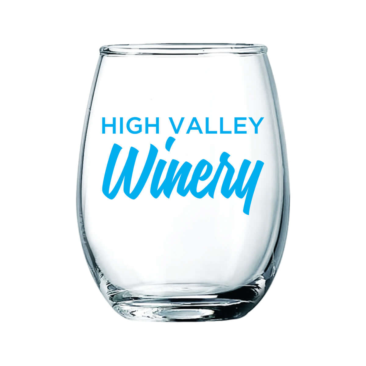Custom stemless wine taster glass featuring 'High Valley Winery' in bold blue text.