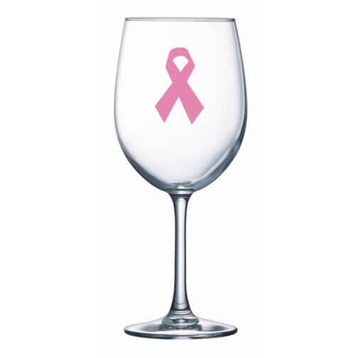 Custom 12 oz wine goblet with pink ribbon design, showcasing elegance and support for breast cancer awareness.