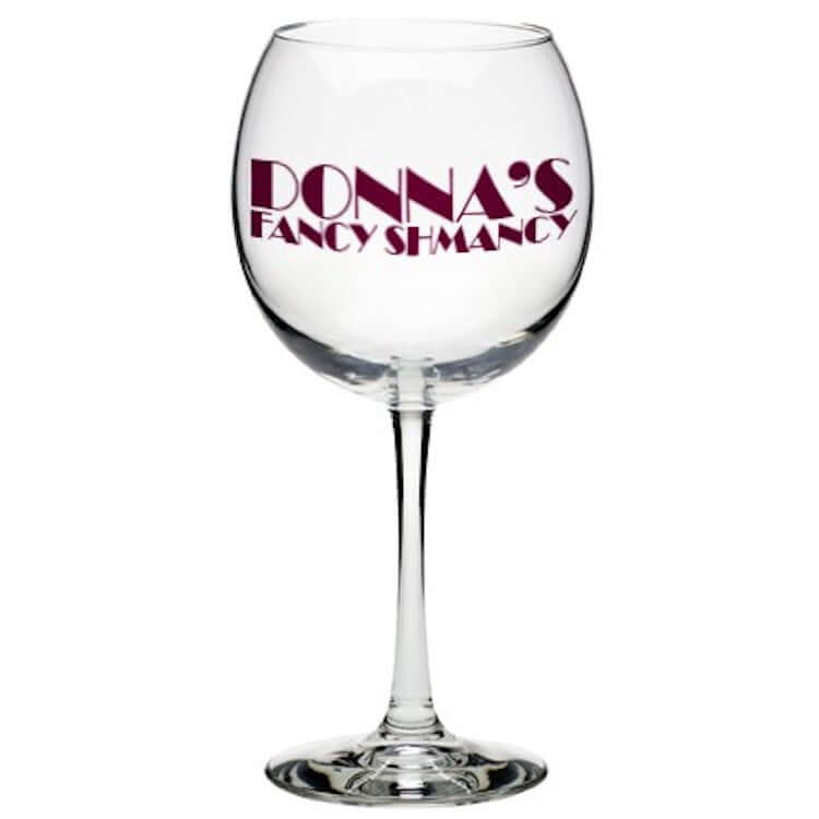Custom 18.25 oz Libbey Vina Balloon Wine Glass with personalized text for special occasions.
