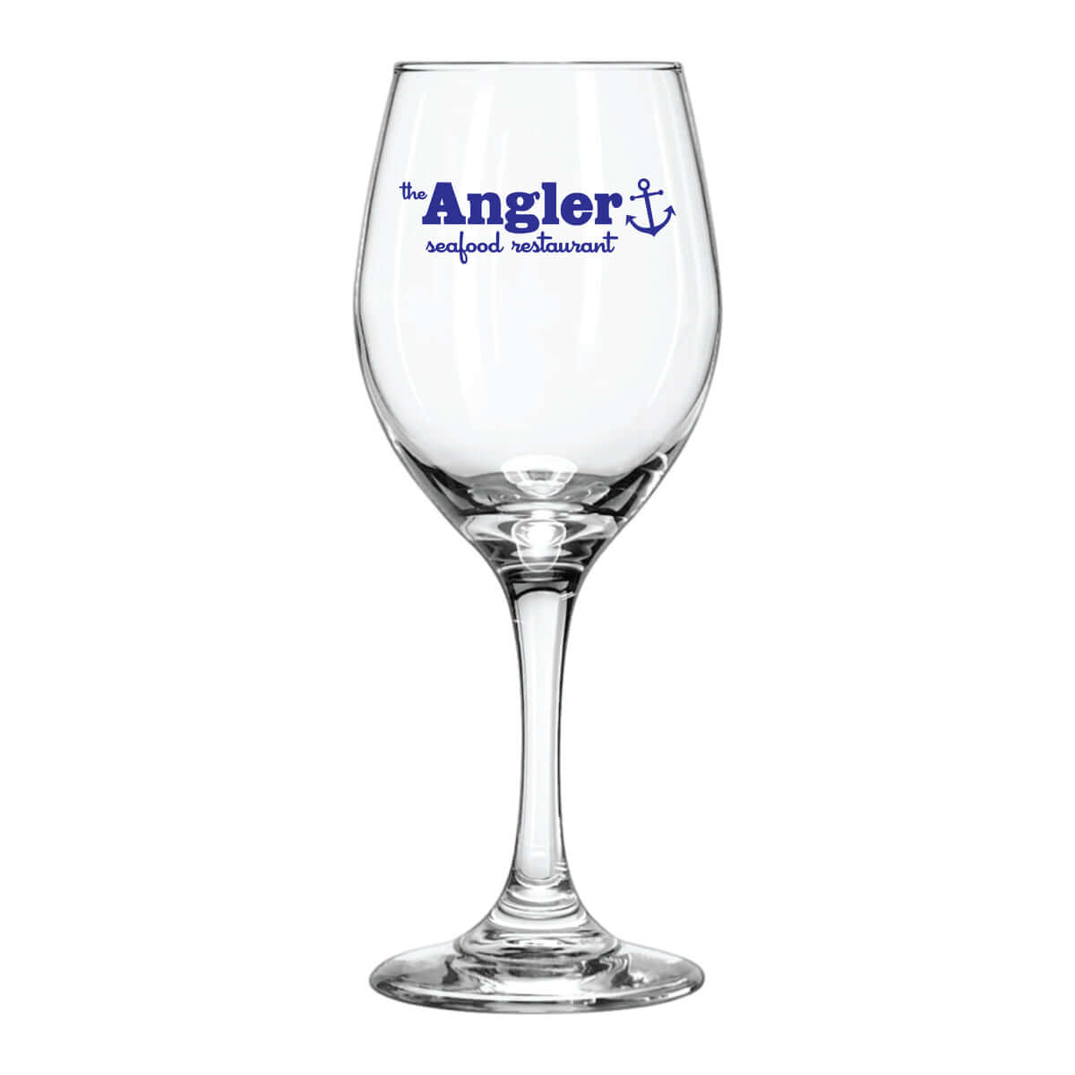 Custom 11 oz Libbey Perception Wine Glass with the Angler Seafood Restaurant logo for dining experiences.