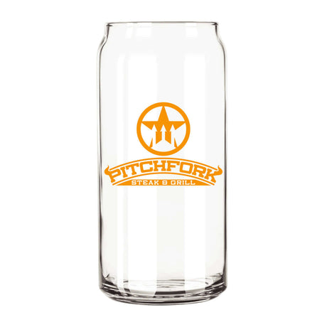Custom Libbey 20 oz. can glass featuring Pitchfork Steak & Grill logo in vibrant orange.