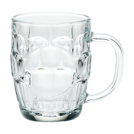 Clear 20 oz Britannia glass beer mug with molded dimpled panels, round smooth imprint window in center, and sturdy handle