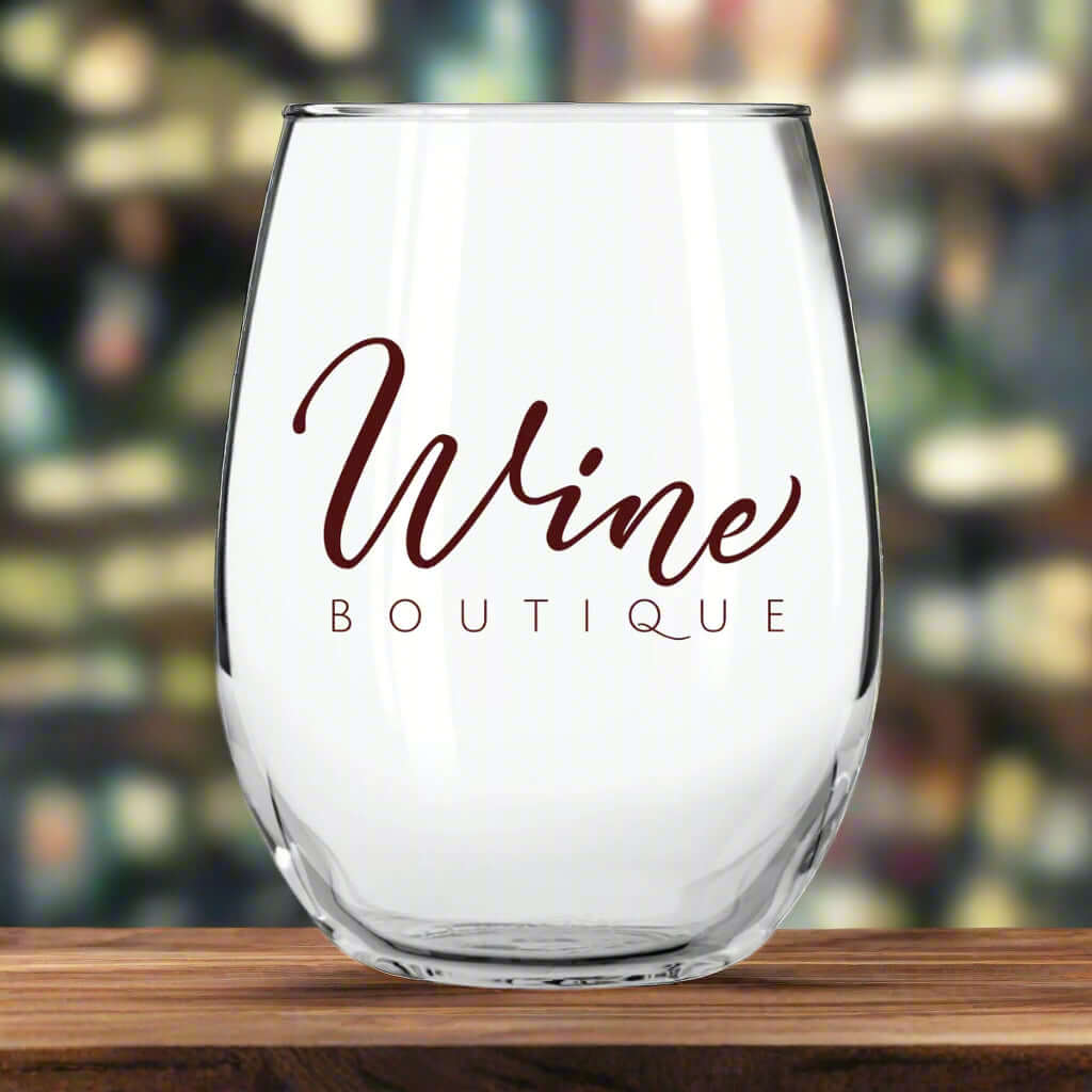 Custom 15 oz Arc Stemless Wine Glass with 'Wine Boutique' design, ideal for elegant events and upscale venues.