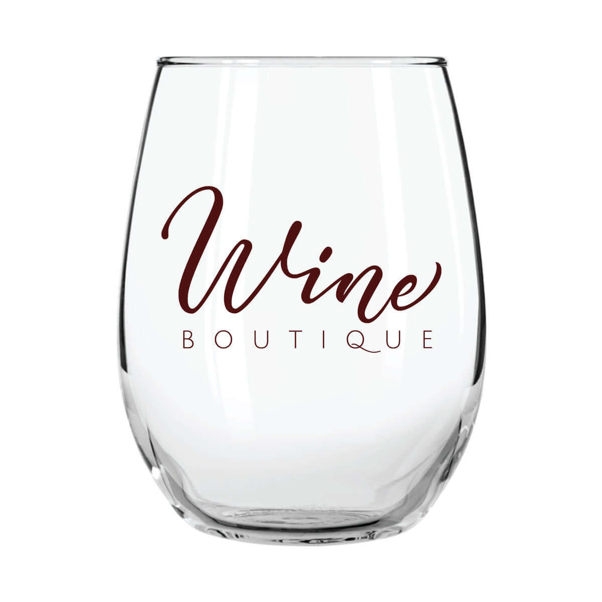 Custom 15 oz arc stemless wine glass featuring elegant 'Wine Boutique' design, perfect for upscale events.