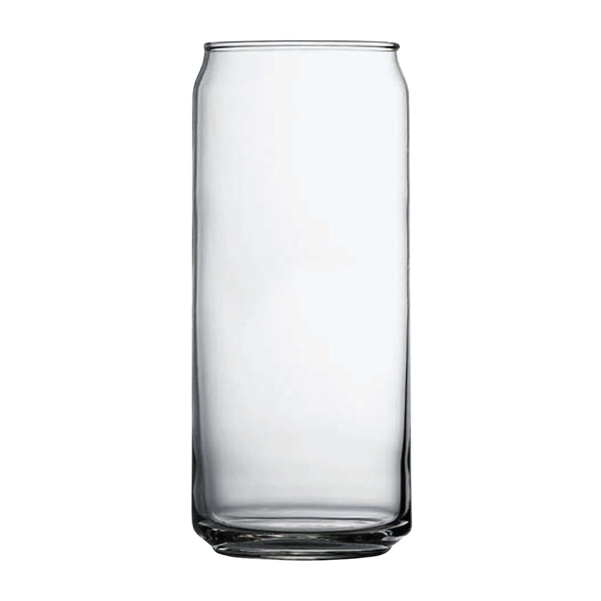 Custom 16 oz Arc Tall Boy Can Glass, clear glass with a modern can design, ideal for craft beverages.