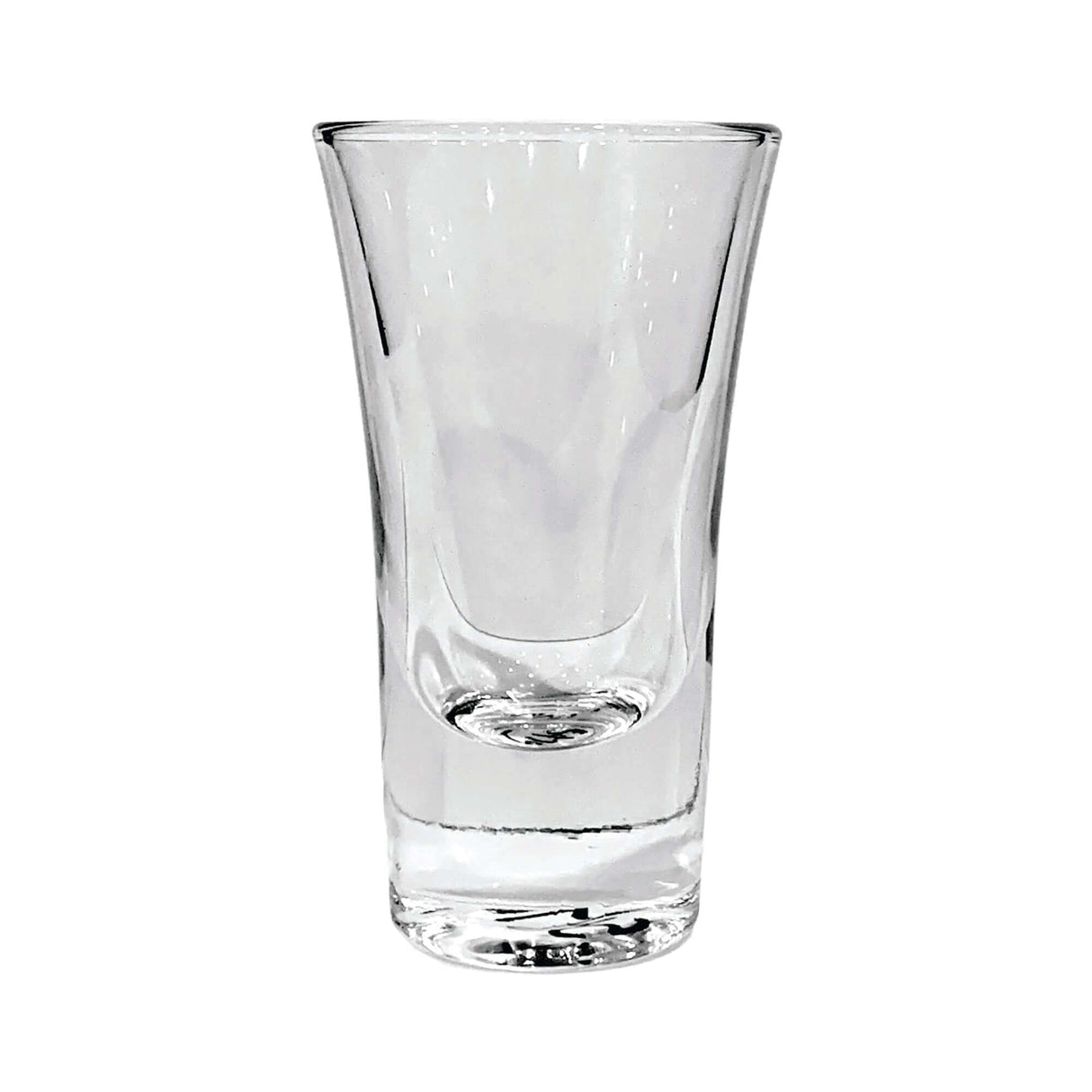 Custom 1.7 oz Arc Evase Shot Glass, clear glass design with modern shape for beverage presentation.