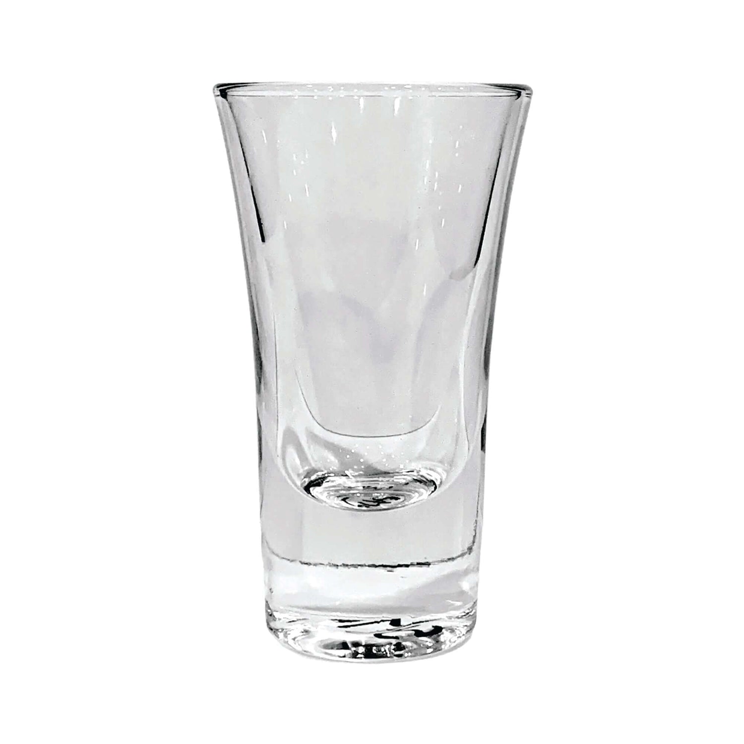 Custom 1.7 oz Arc Evase Shot Glass, clear glass design with modern shape for beverage presentation.
