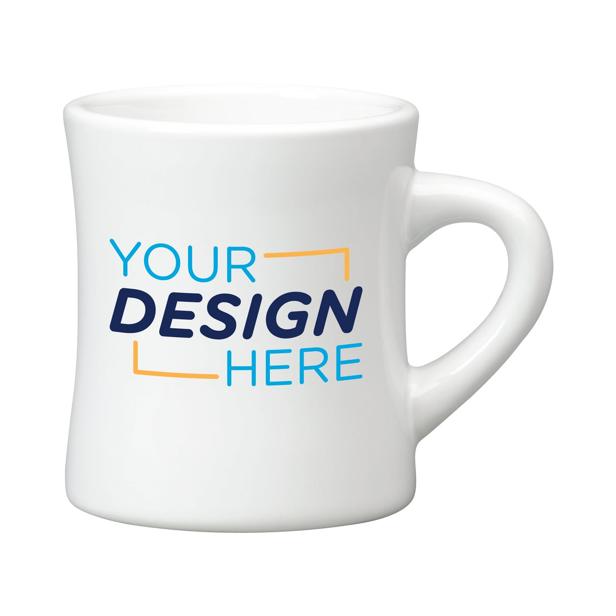 Customizable 10 oz Military Diner Mug featuring 'YOUR DESIGN HERE' in vibrant colors.