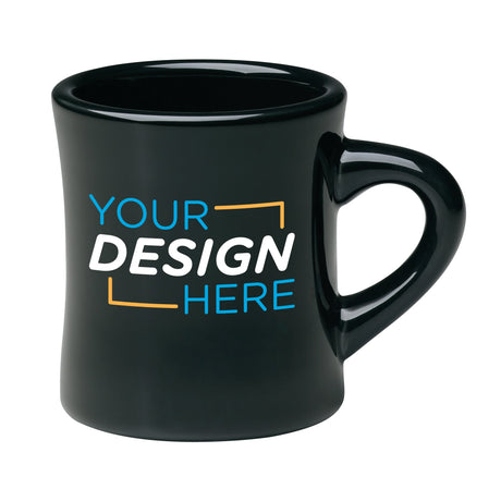 Custom black diner mug featuring customizable design space for logos or artwork, perfect for branding.