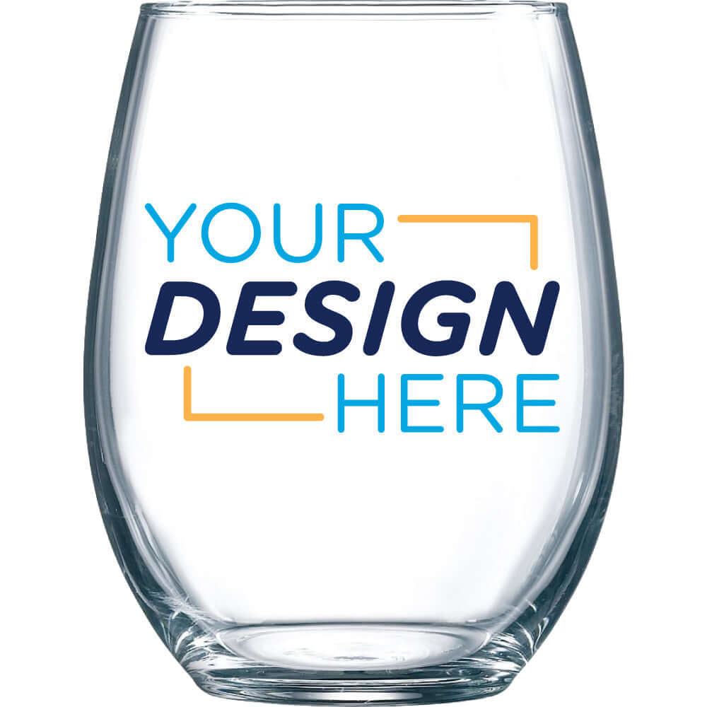 Custom 15 oz Arc Stemless Wine Glass with personalized design space for events and weddings.