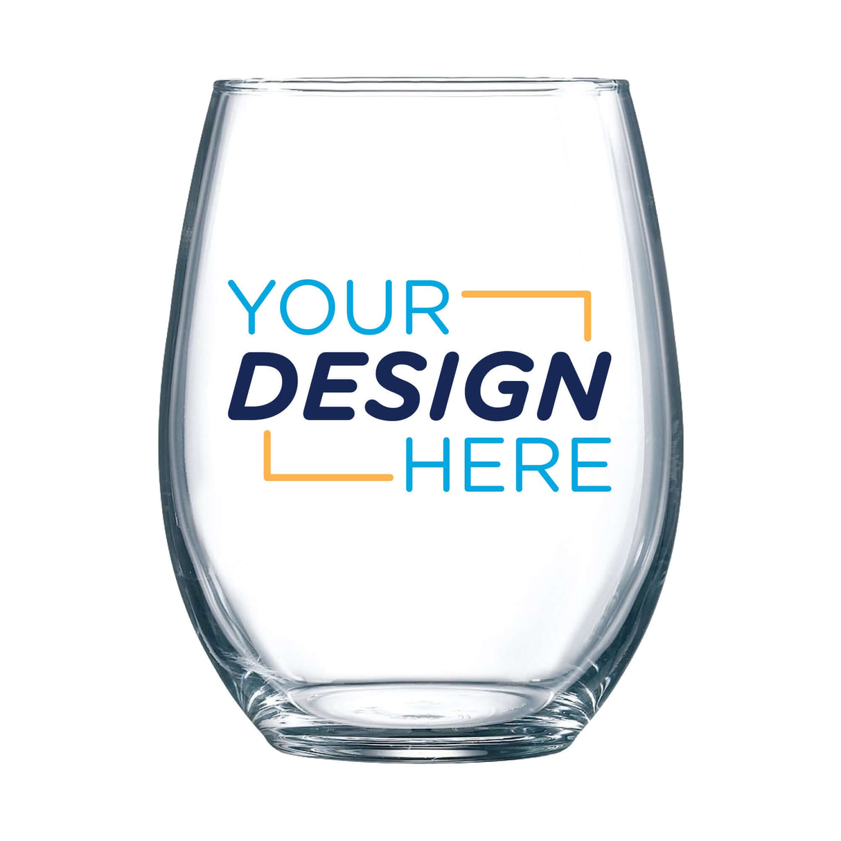 Customizable 15 oz Arc stemless wine glass featuring a design placeholder for personalized branding.