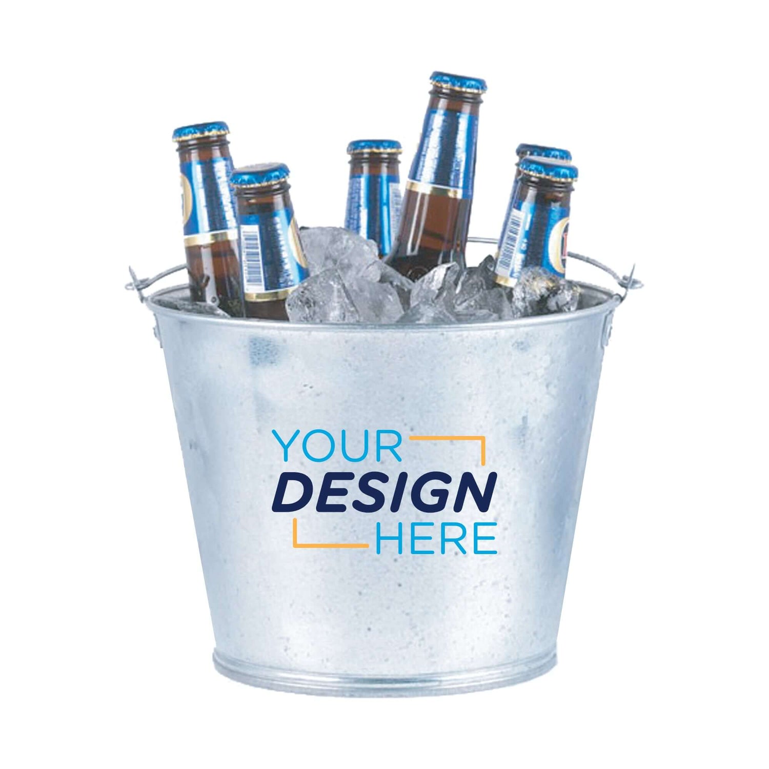 Custom 5 Quart Galvanized Metal Bucket filled with ice and bottles, featuring a personalized design placeholder.