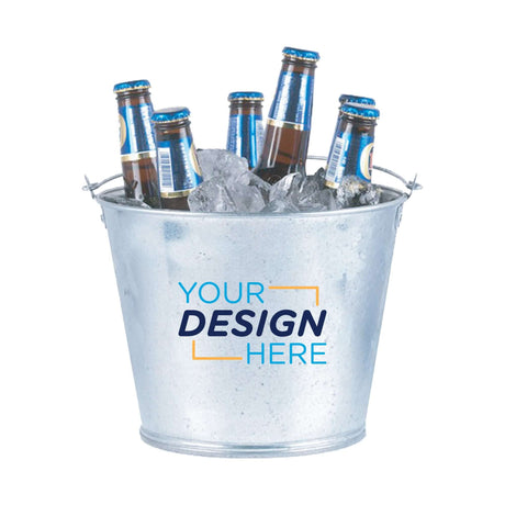 Custom 5 Quart Galvanized Metal Bucket filled with ice and bottles, featuring a personalized design placeholder.