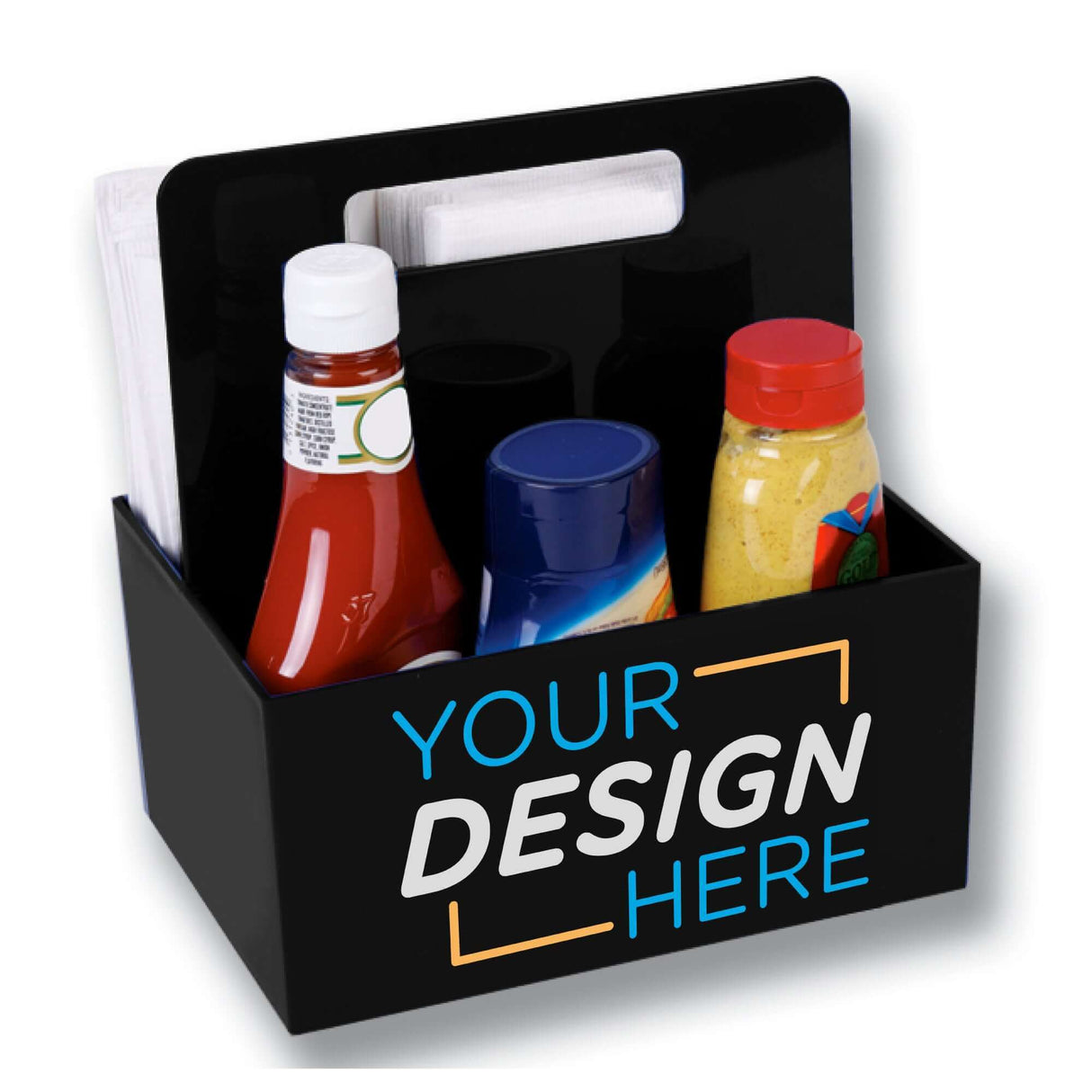 Custom plastic condiment caddy with handle, featuring various sauces and a customizable design panel.