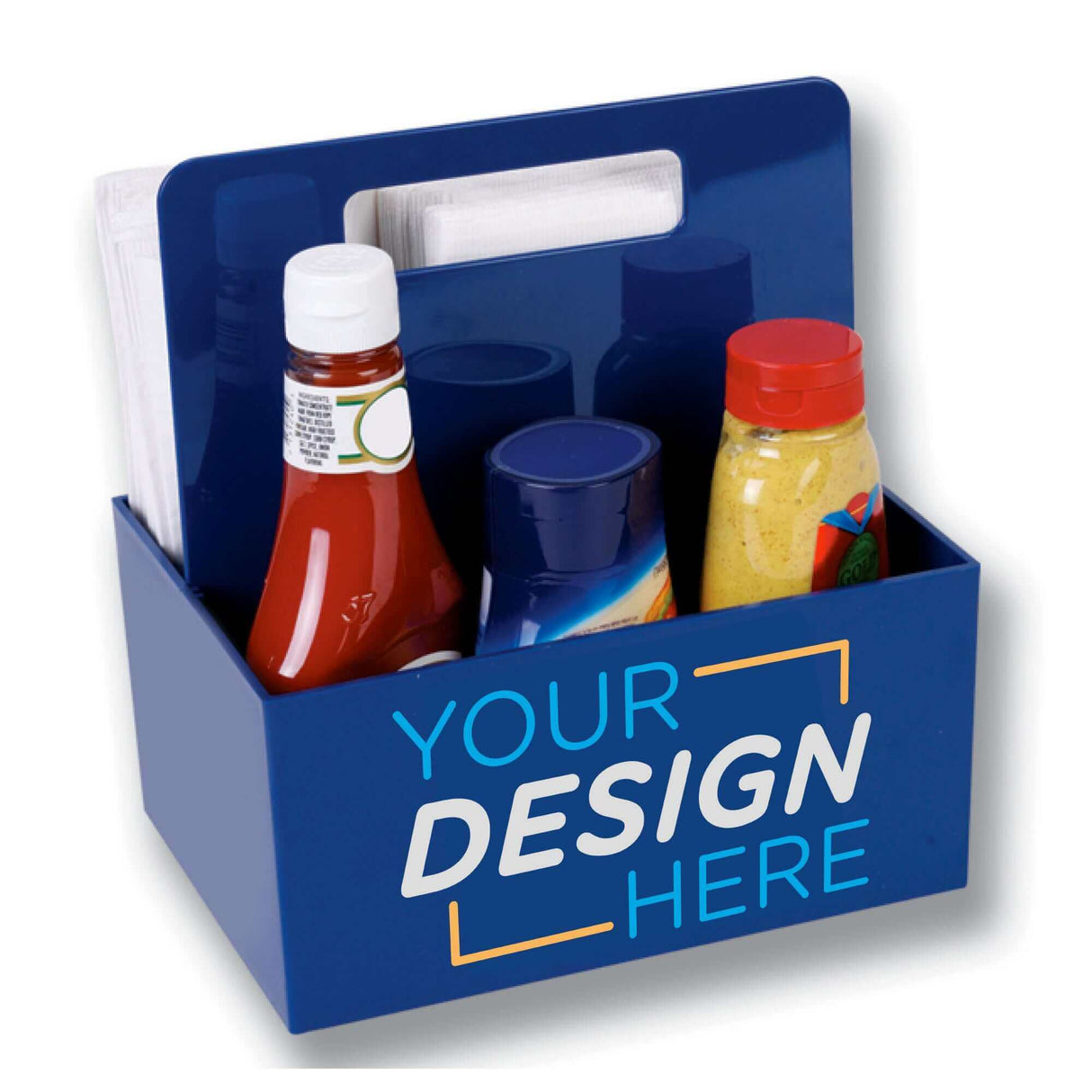 Custom Plastic Condiment Caddy with Handle featuring ketchup, mustard, and space for custom design.