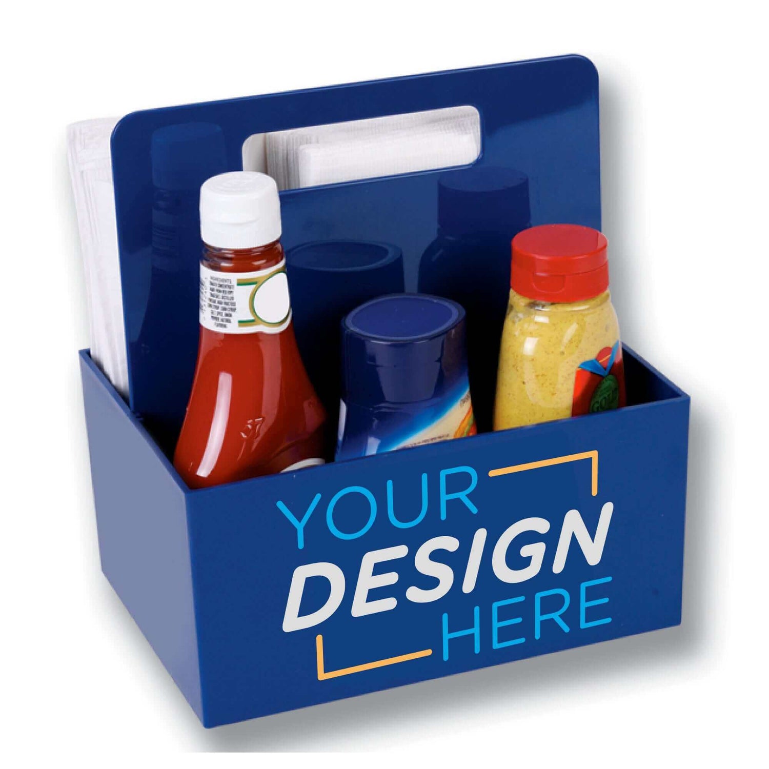Custom Plastic Condiment Caddy with Handle featuring ketchup, mustard, and space for custom design.