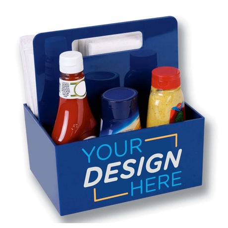 Custom Plastic Condiment Caddy with Handle featuring ketchup, mustard, and space for custom design.