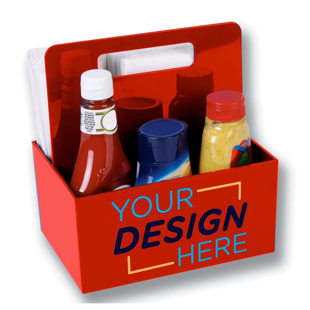 Custom plastic condiment caddy with handle, organized condiments and sauces, customizable design option.