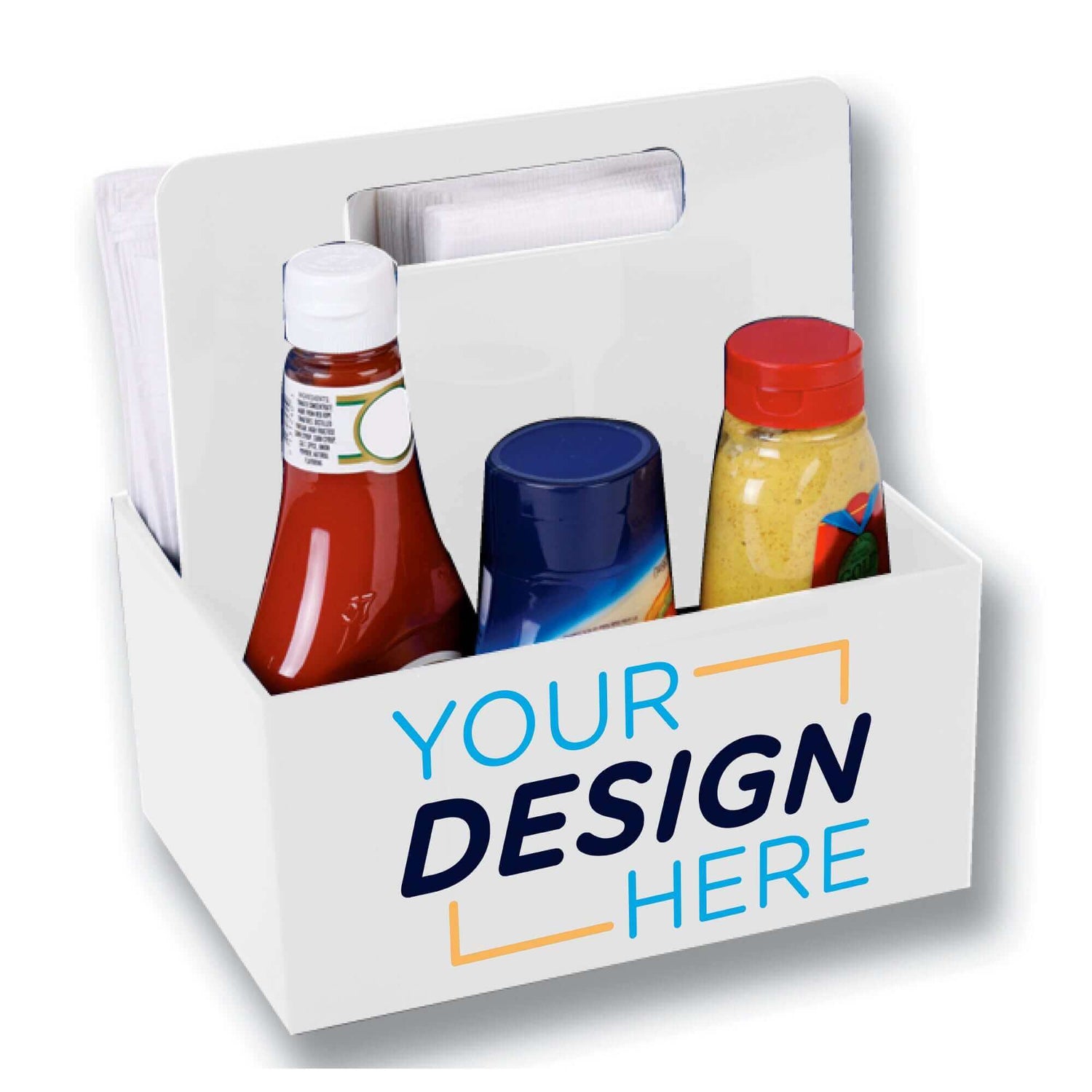 Custom plastic condiment caddy with handle holding ketchup, mustard, and sauce, featuring a personalized design option.