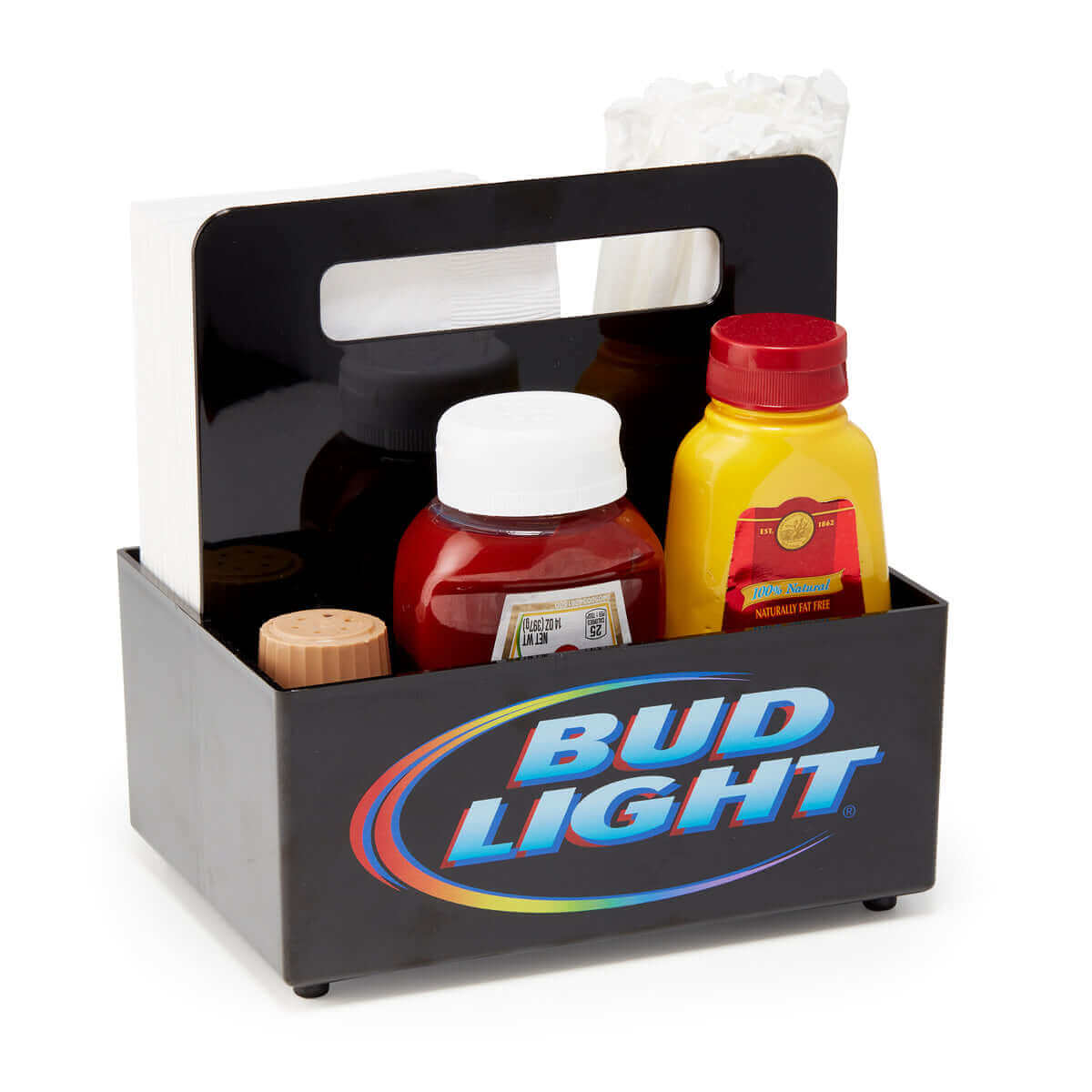 Custom plastic condiment caddy with handle, featuring ketchup, mustard, napkins, and Bud Light branding.