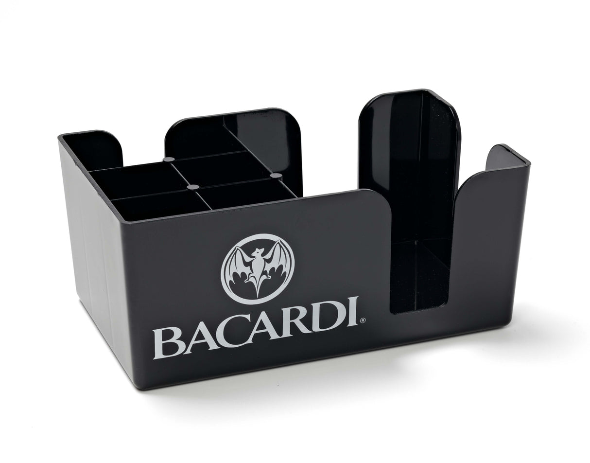 Black plastic napkin and straw caddy with Bacardi logo and multiple compartments for organization.