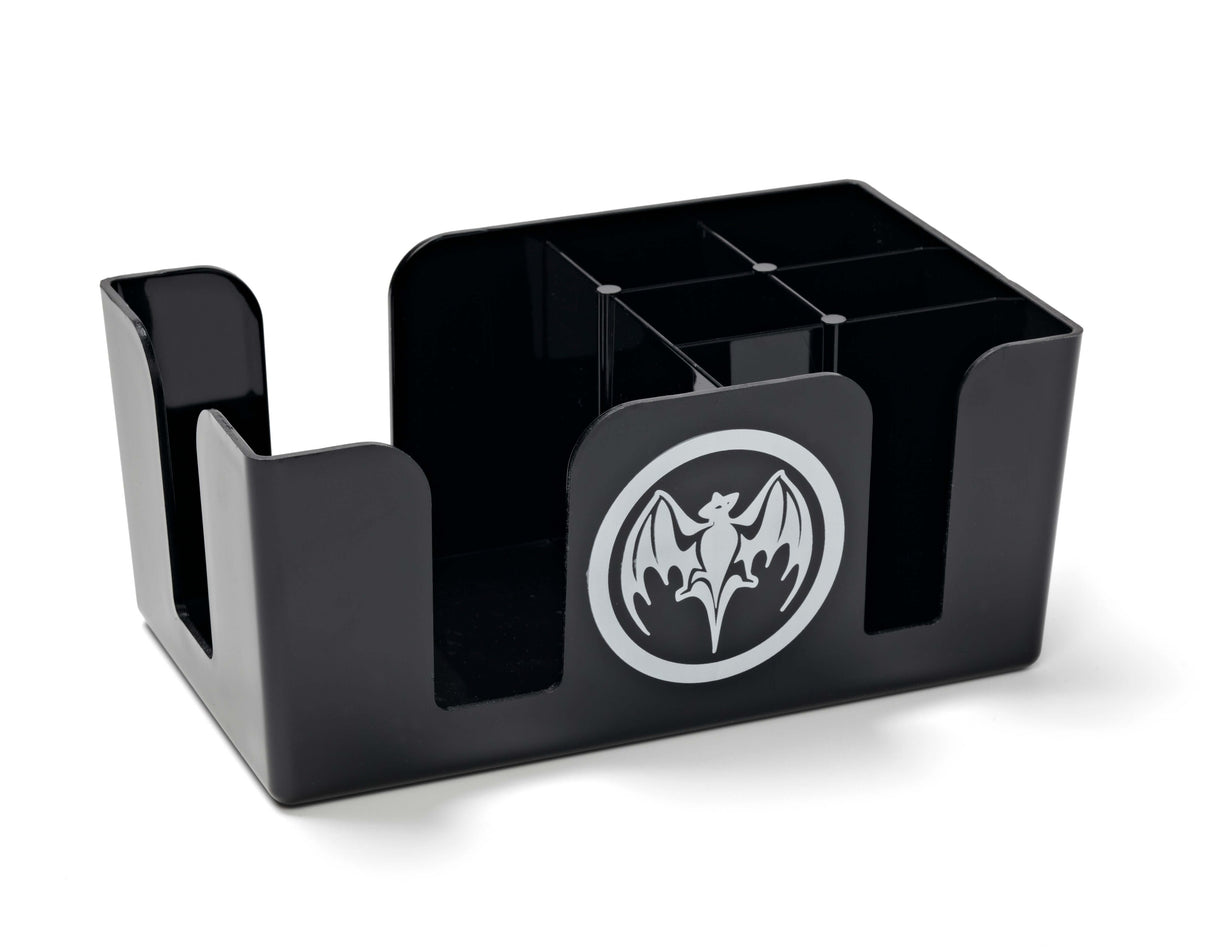 Custom black plastic napkin and straw caddy with 5 compartments and full color imprint on two sides.