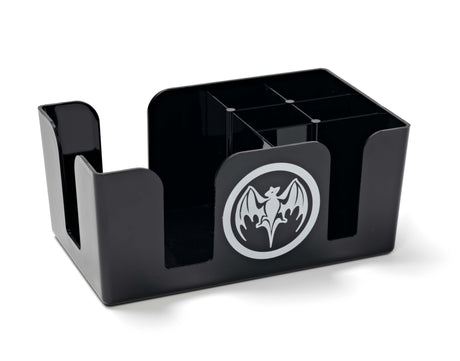 Custom black plastic napkin and straw caddy with 5 compartments and full color imprint on two sides.
