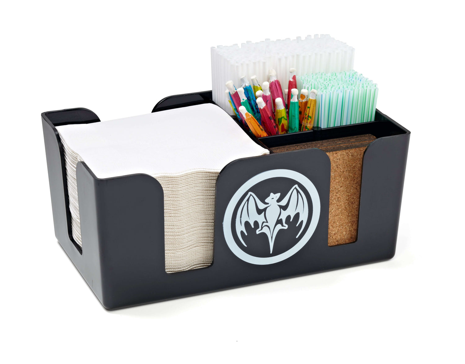 Custom plastic napkin and straw caddy with full color imprint, featuring compartments for organized tabletop use.