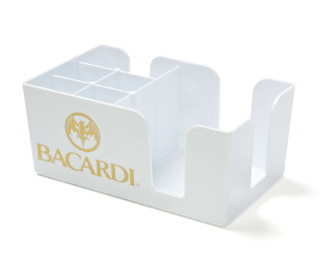 White plastic caddy with compartments for napkins and straws featuring Bacardi logo.