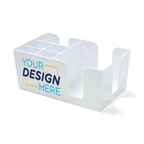 Custom plastic napkin caddy with multiple compartments and personalization options, designed for organization.