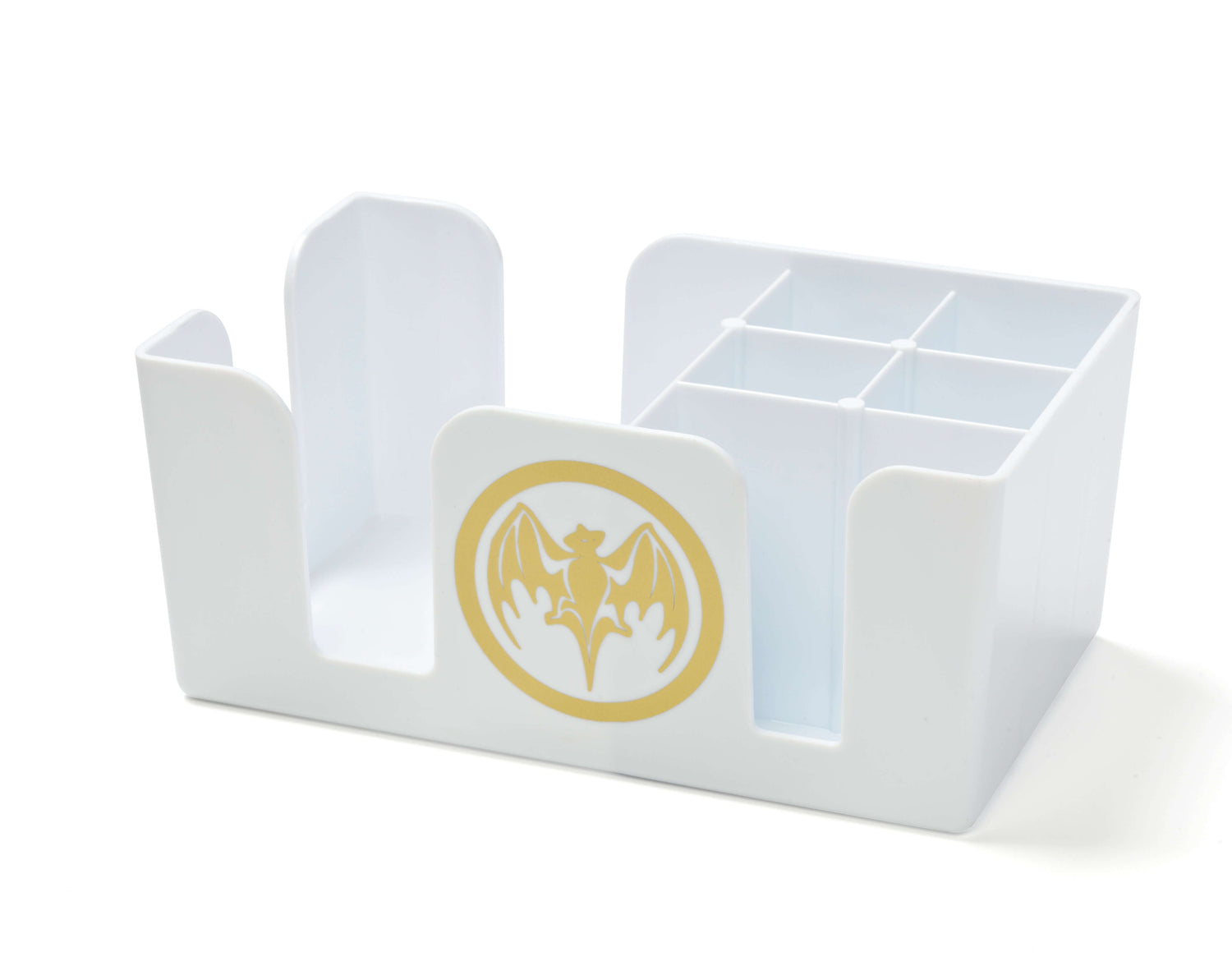 Custom white plastic napkin and straw caddy with gold bat logo, featuring multiple compartments for organization.