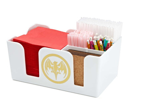 Custom plastic napkin and straw caddy with red napkins, straws, and compartment for condiments.