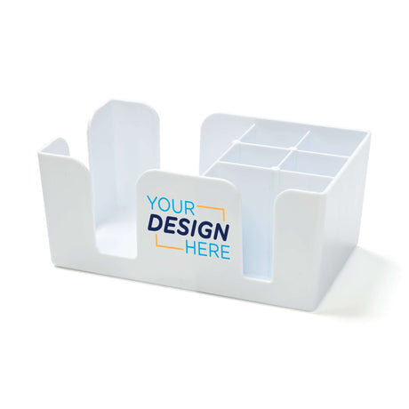 Custom plastic napkin and straw caddy with five compartments in white, showcasing full color imprint design.