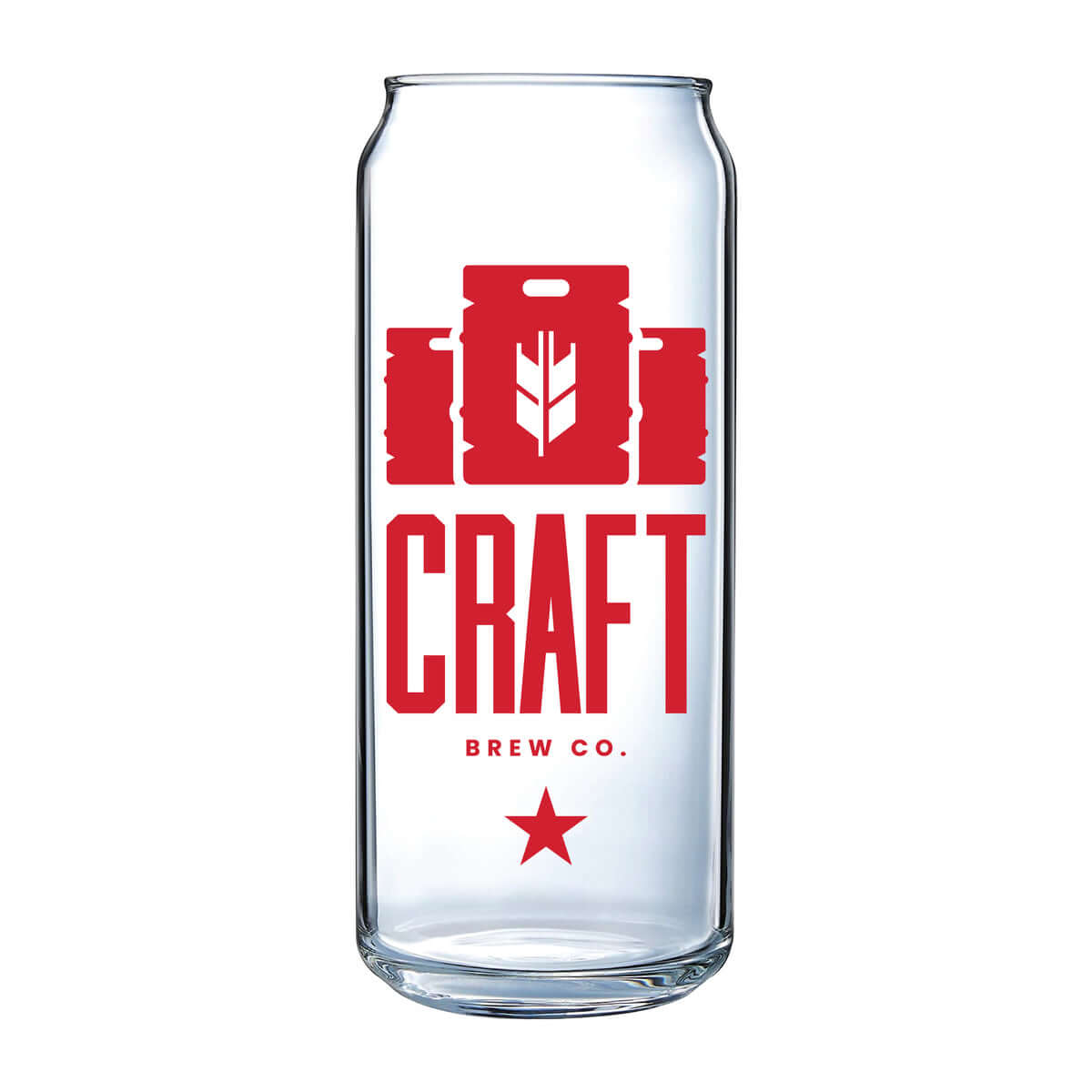 Custom 16 oz Arc Tall Boy Can Glass with bold red print for craft beverages and brand promotion.