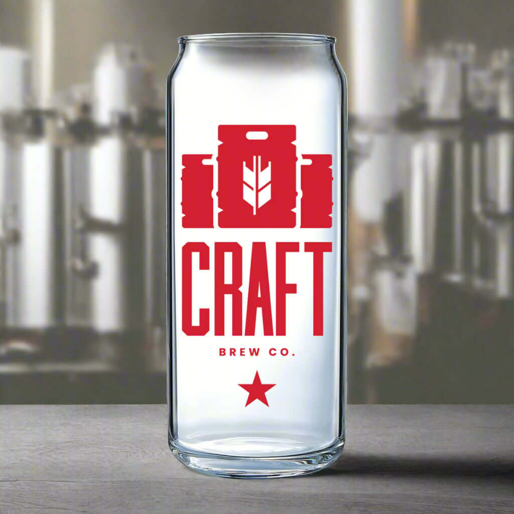 Custom 16 oz Arc Tall Boy Can Glass with vibrant red Craft Brew Co logo on a sleek background.