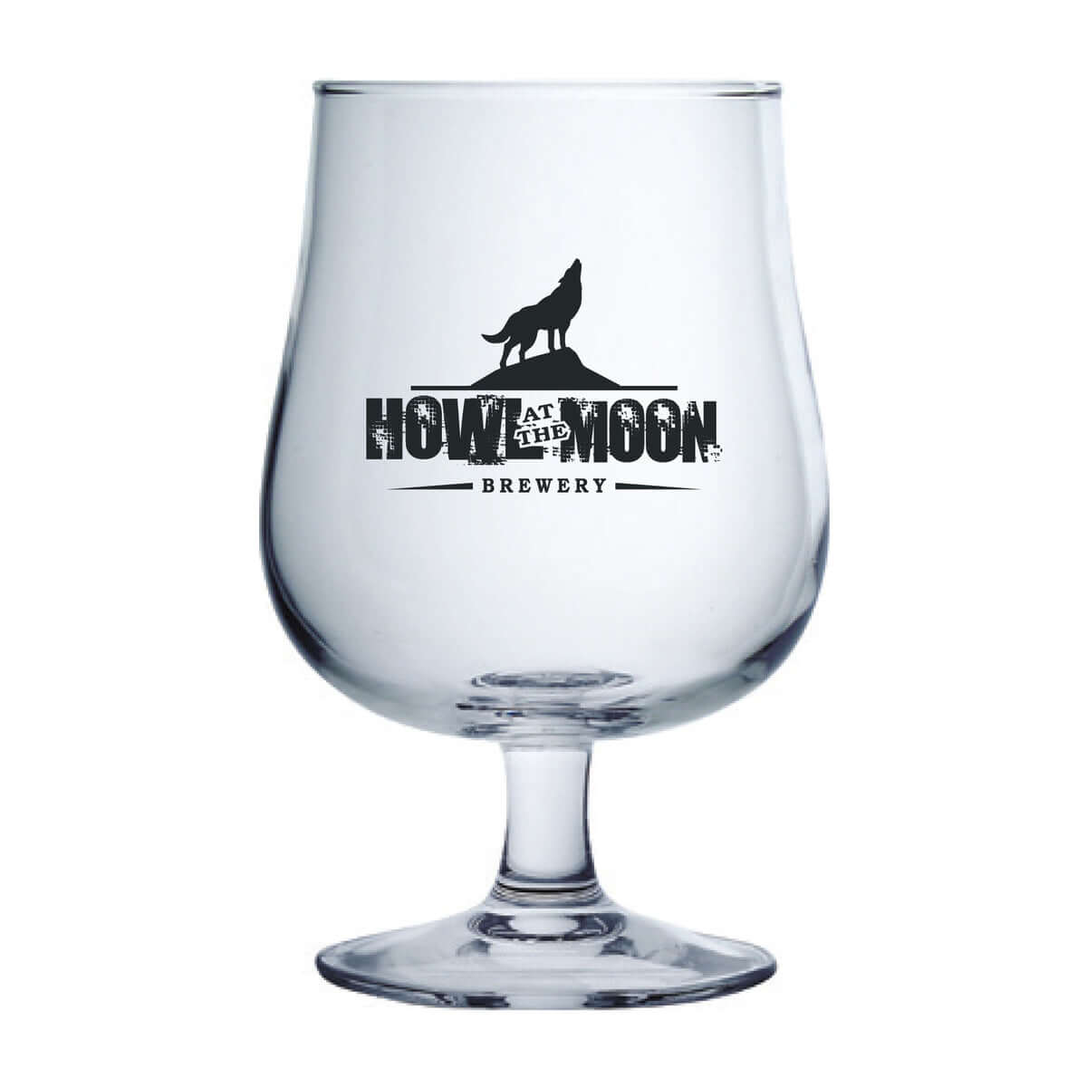 Custom Arc 16.75 oz Belgium Craft Beer Glass with Howl at the Moon Brewery logo.