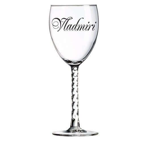 Elegant custom wine glass with the name 'Vladmiri' elegantly engraved, showcasing premium design and craftsmanship.