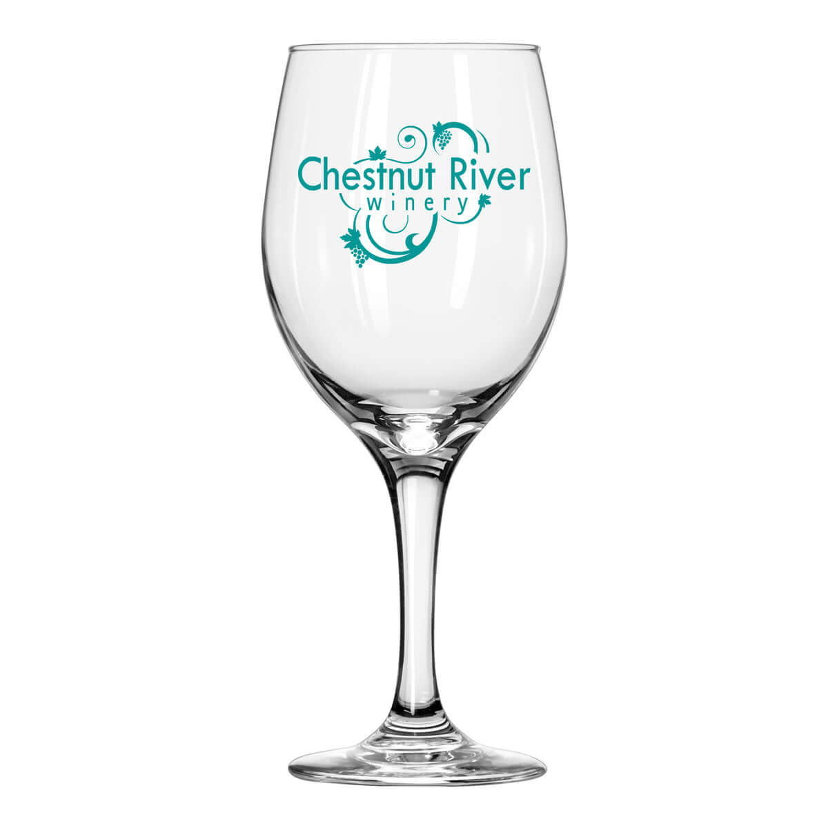 Custom glass with Chestnut River Winery logo, featuring a classic rounded body and elegant stem.