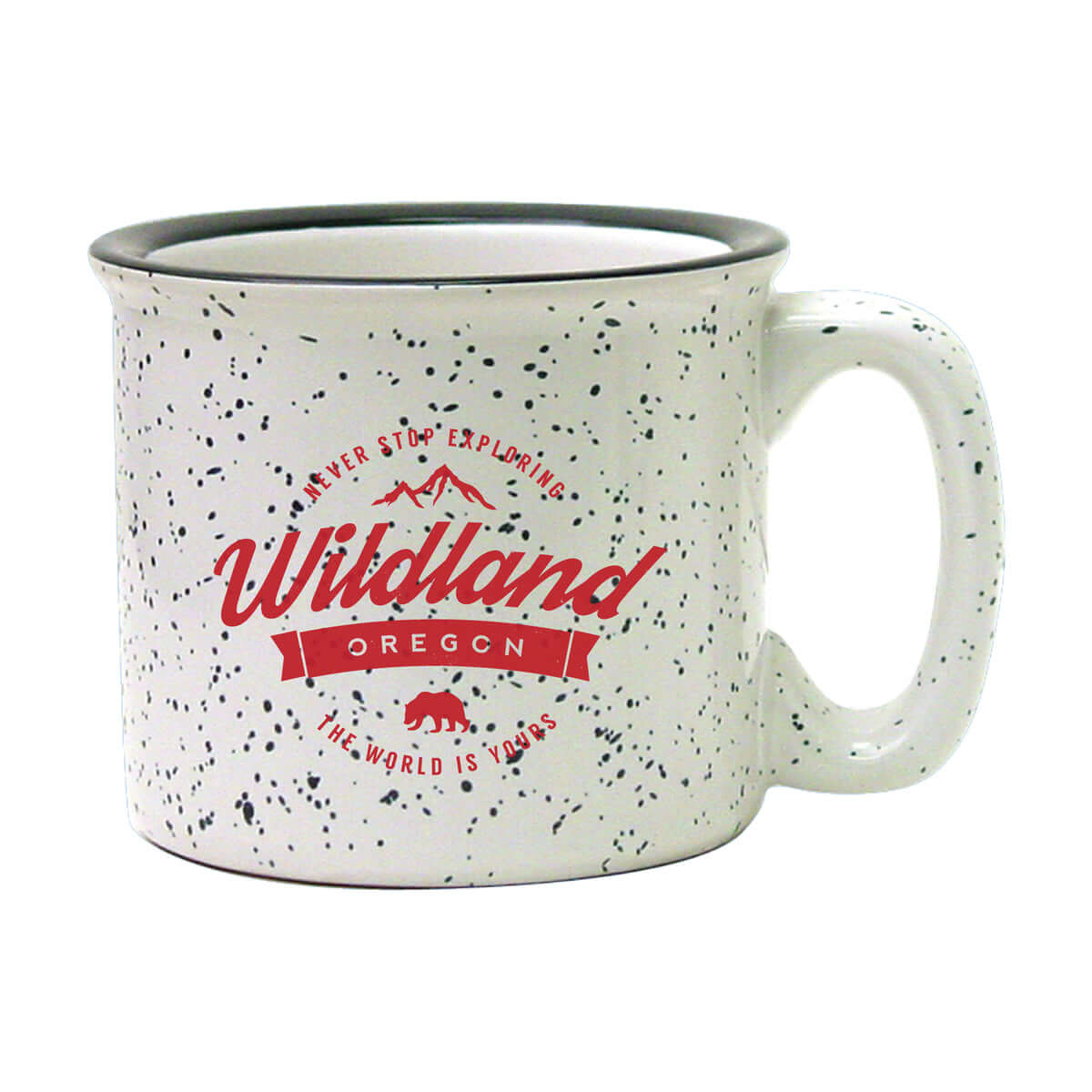 Custom 15 oz speckled campfire mug featuring a vibrant design and rustic charm, perfect for outdoor adventures.