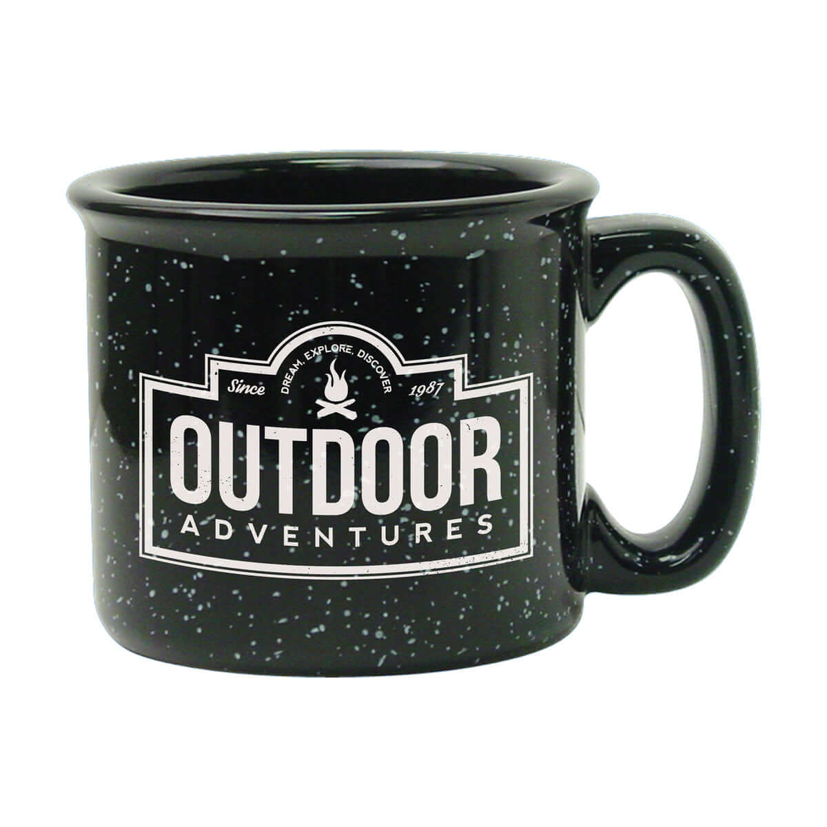 Custom 15 oz speckled campfire mug with 'Outdoor Adventures' logo, perfect for enjoying hot beverages.