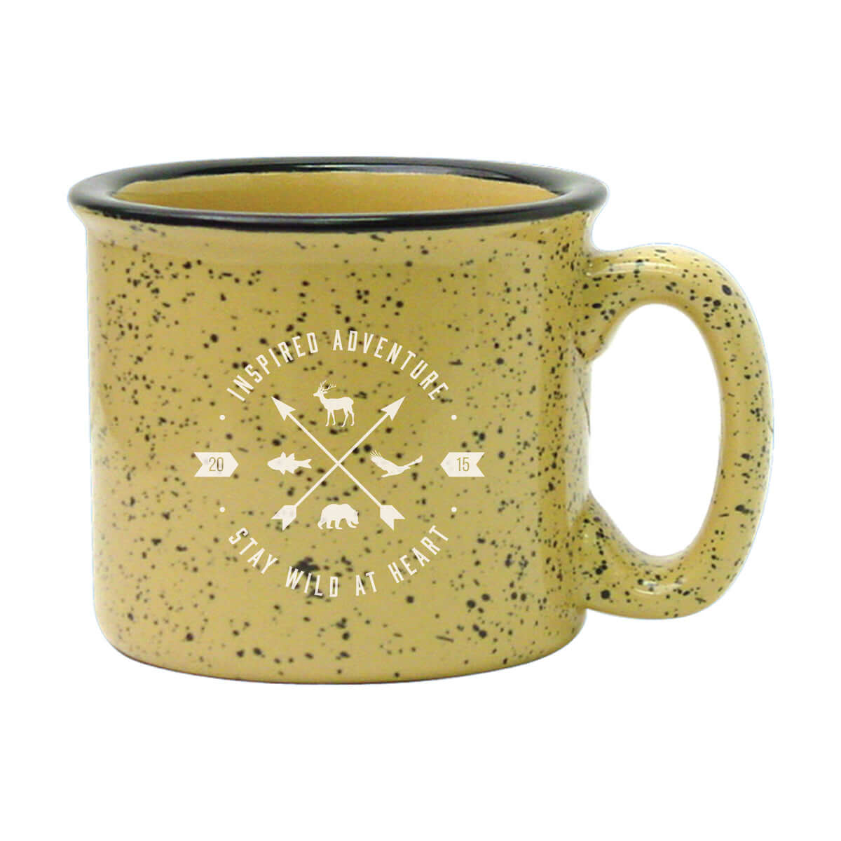 Custom 15 oz speckled campfire mug with logo, perfect for outdoor adventures and enjoying hot beverages.