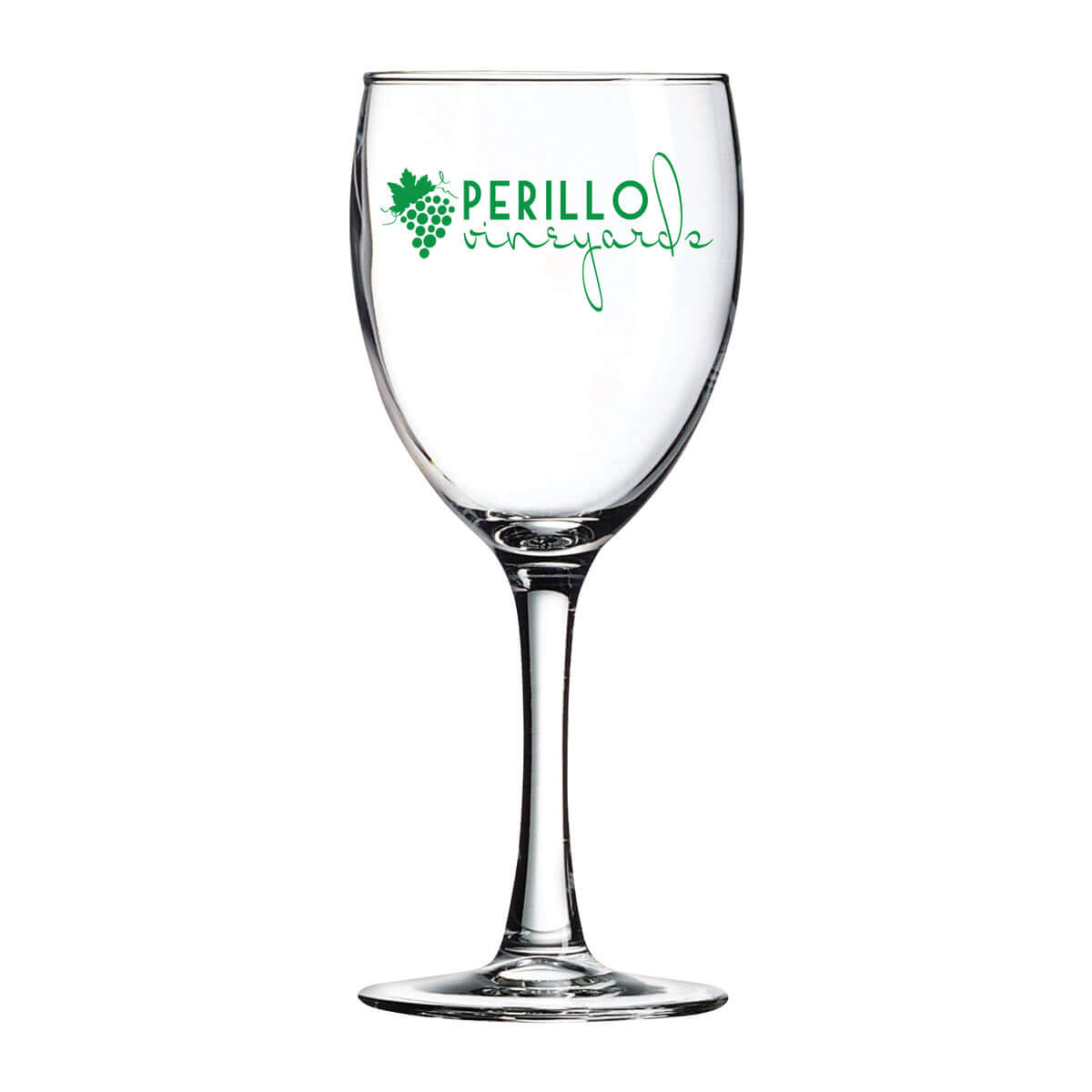 Custom Arc 8.5 oz Nuance Wine Glass with Perillo Vineyards branding, perfect for elegant occasions and wine tastings.