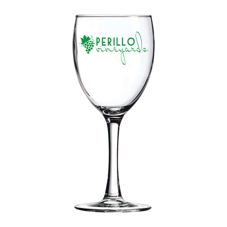 Custom Arc 8.5 oz Nuance Wine Glass with Perillo Vineyards branding, perfect for elegant occasions and wine tastings.