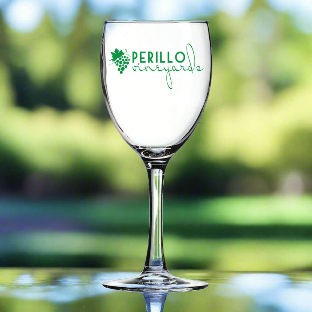 Custom Arc 8.5 oz Nuance Wine Glass featuring Perillo Vineyards branding, perfect for elegant wine experiences.