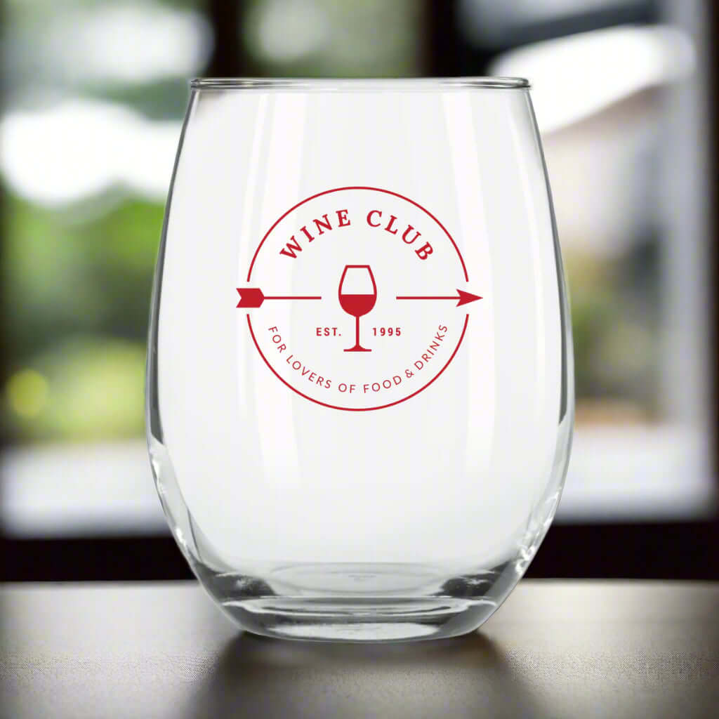 Custom Arc 9 oz stemless wine glass with 'Wine Club' logo and curved design, ideal for elegant wine enjoyment.